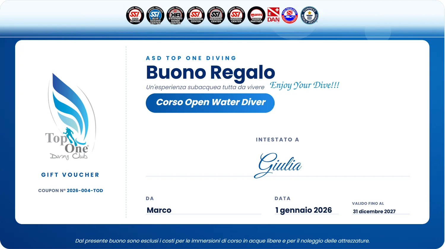 Esempio di buono regalo Top One Diving per un corso sub